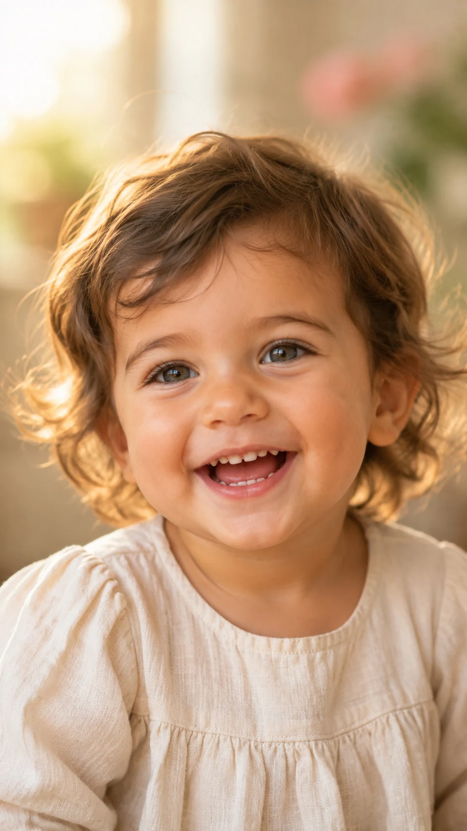 A laughing toddler with curly hair in a cream dress