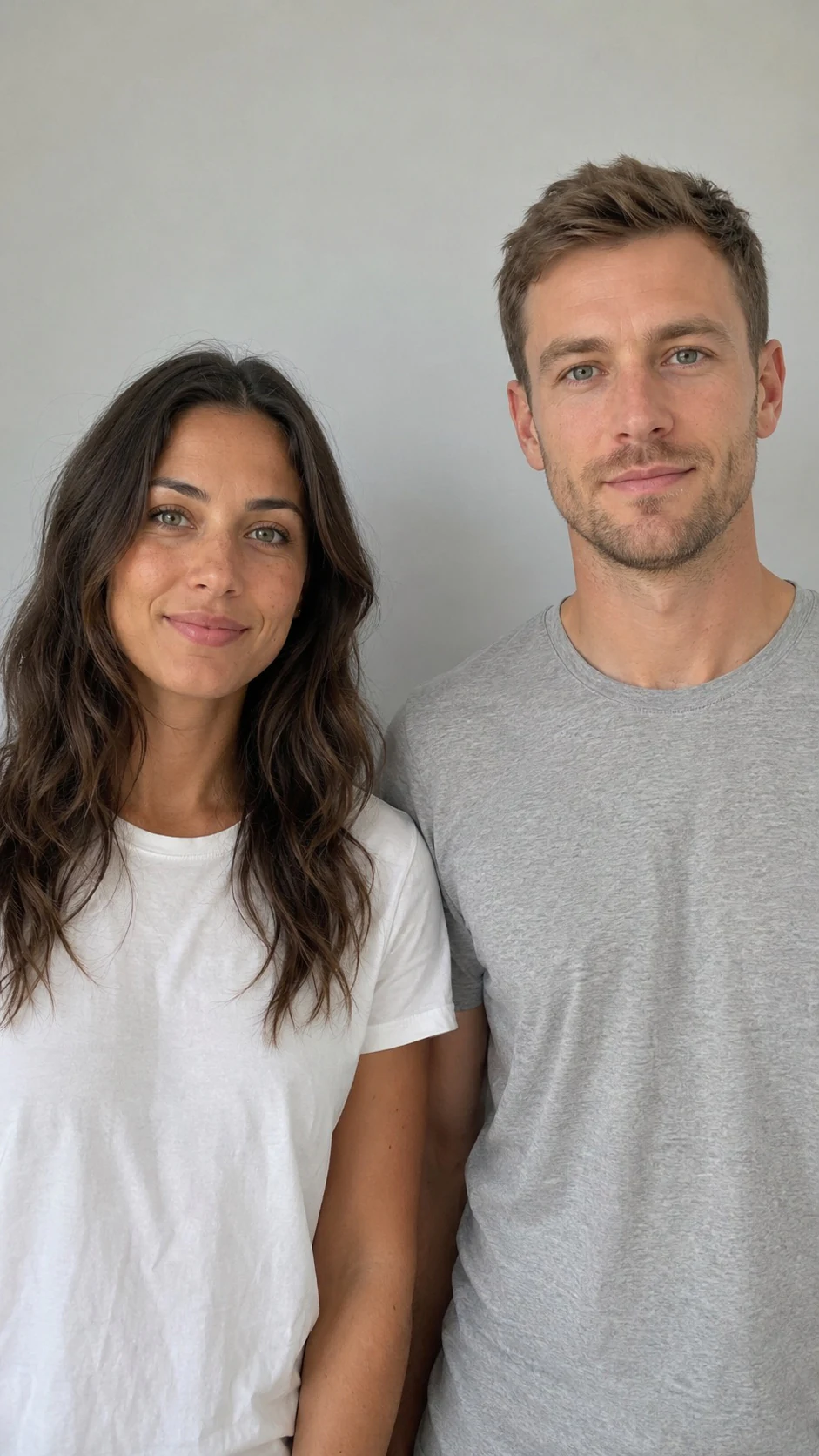 A woman and a man standing side by side against a plain wall