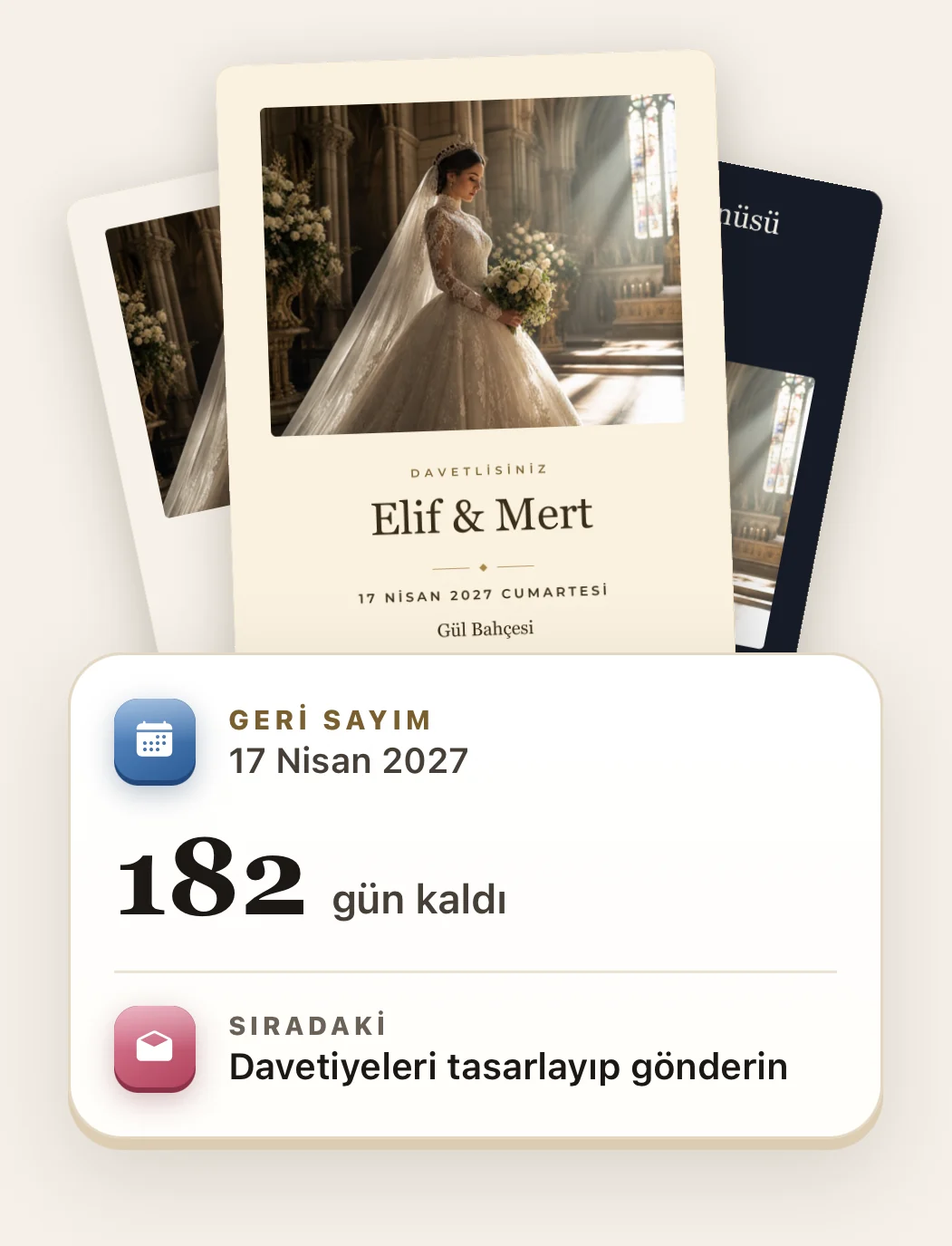 Yelpaze gibi açılmış bir tarih kartı, davetiye ve menü kartı; altında düğüne 182 gün kaldığını gösteren geri sayım