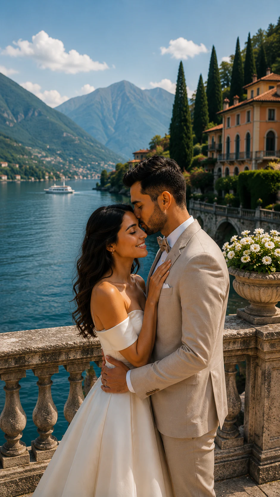 The same couple as a bride and groom in Lake Como