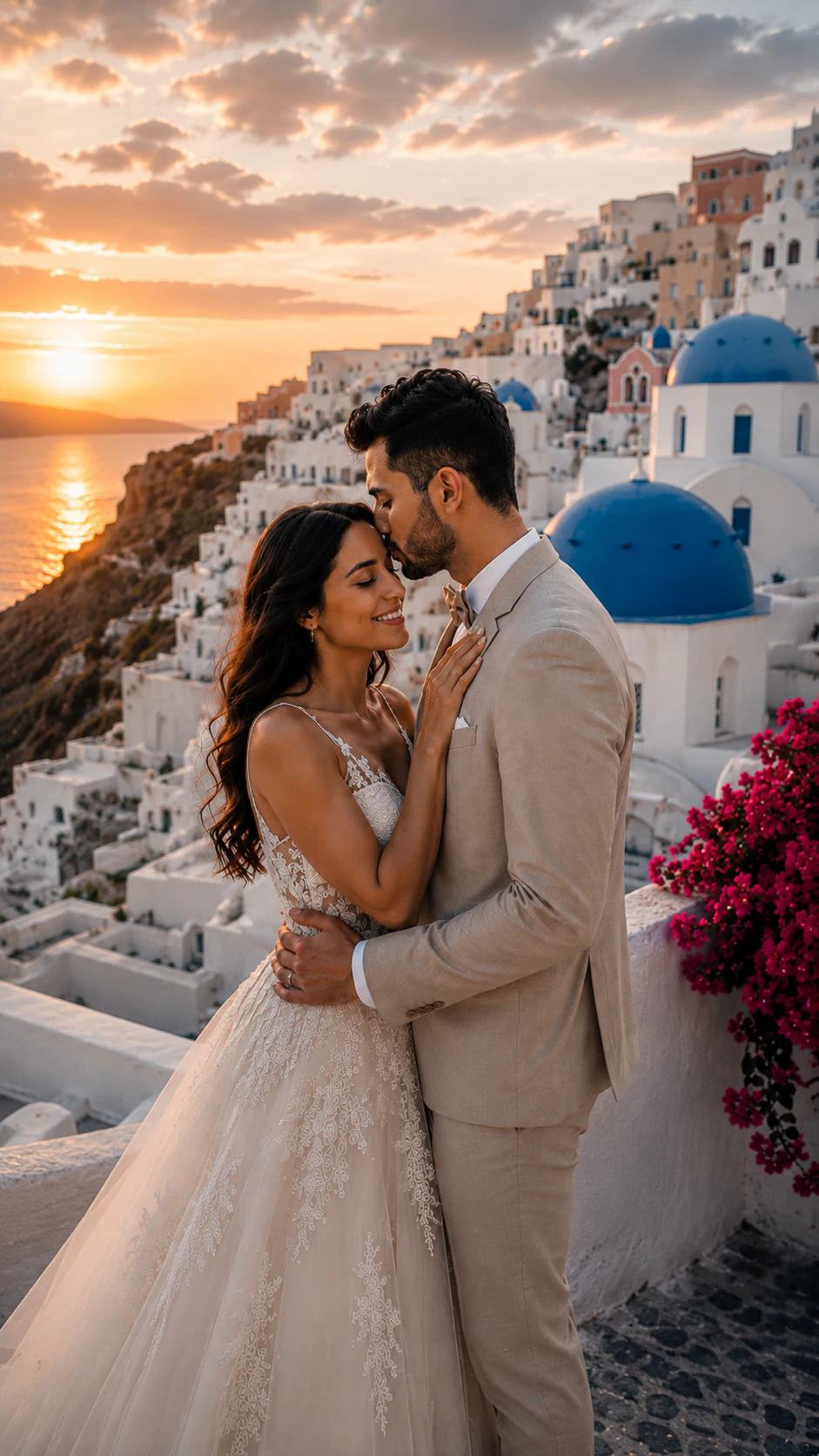 The same couple as a bride and groom in Santorini